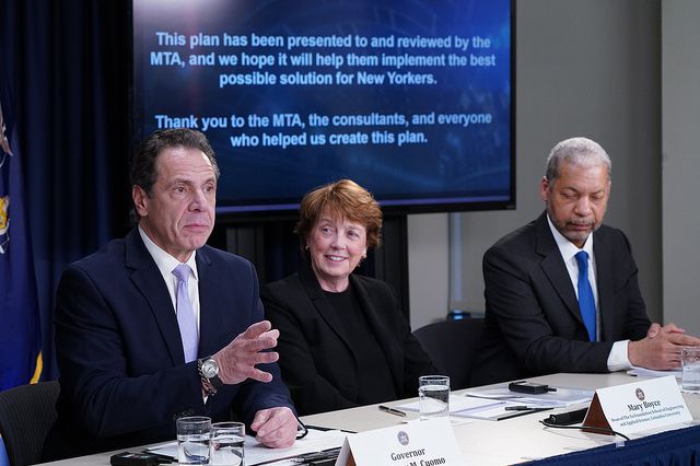 Governor Cuomo makes his L train announcement next to Mary Boyce, the dean of The Fu Foundation School of Engineering and Applied Science at Columbia University, and Lance Collins, the Joseph Silbert dean of Engineering at Cornell University.